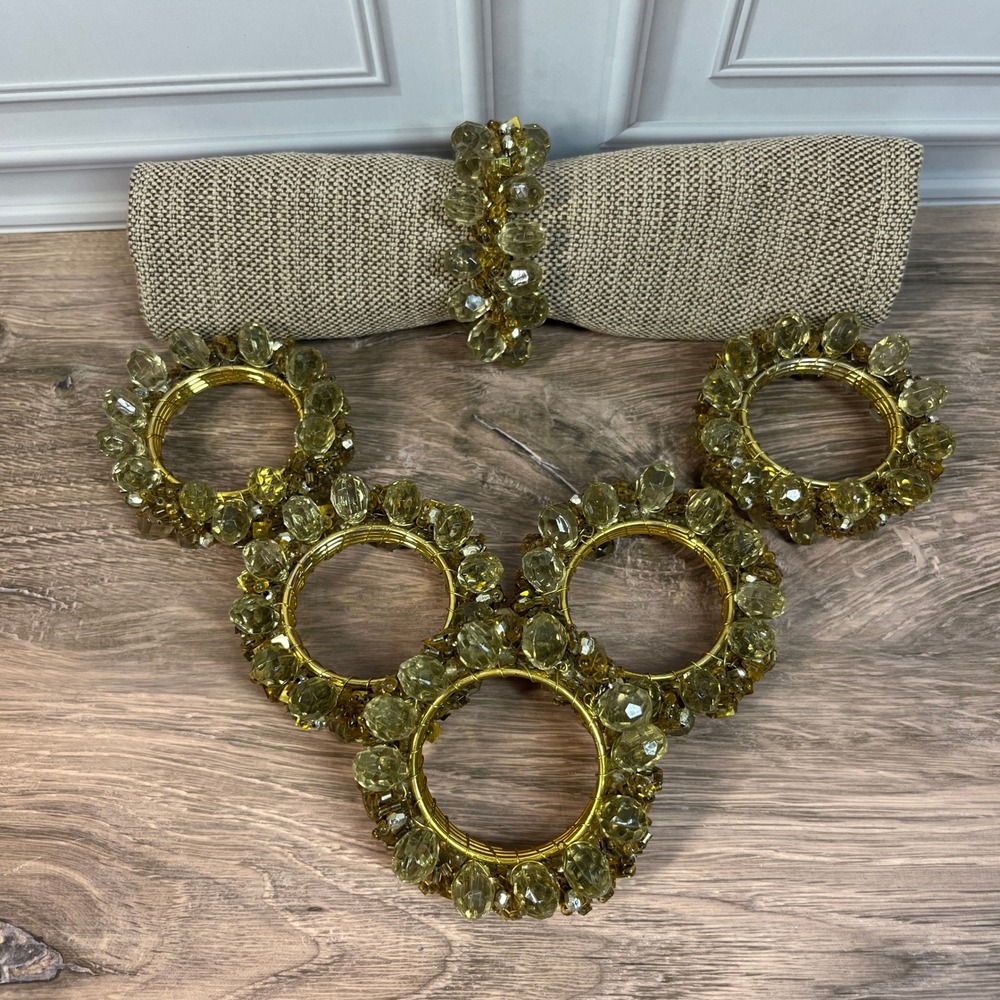 VTG Pier 1 Napkin Rings Set of 6 Amber Yellow Beaded Gold Wire Glam Table Decor